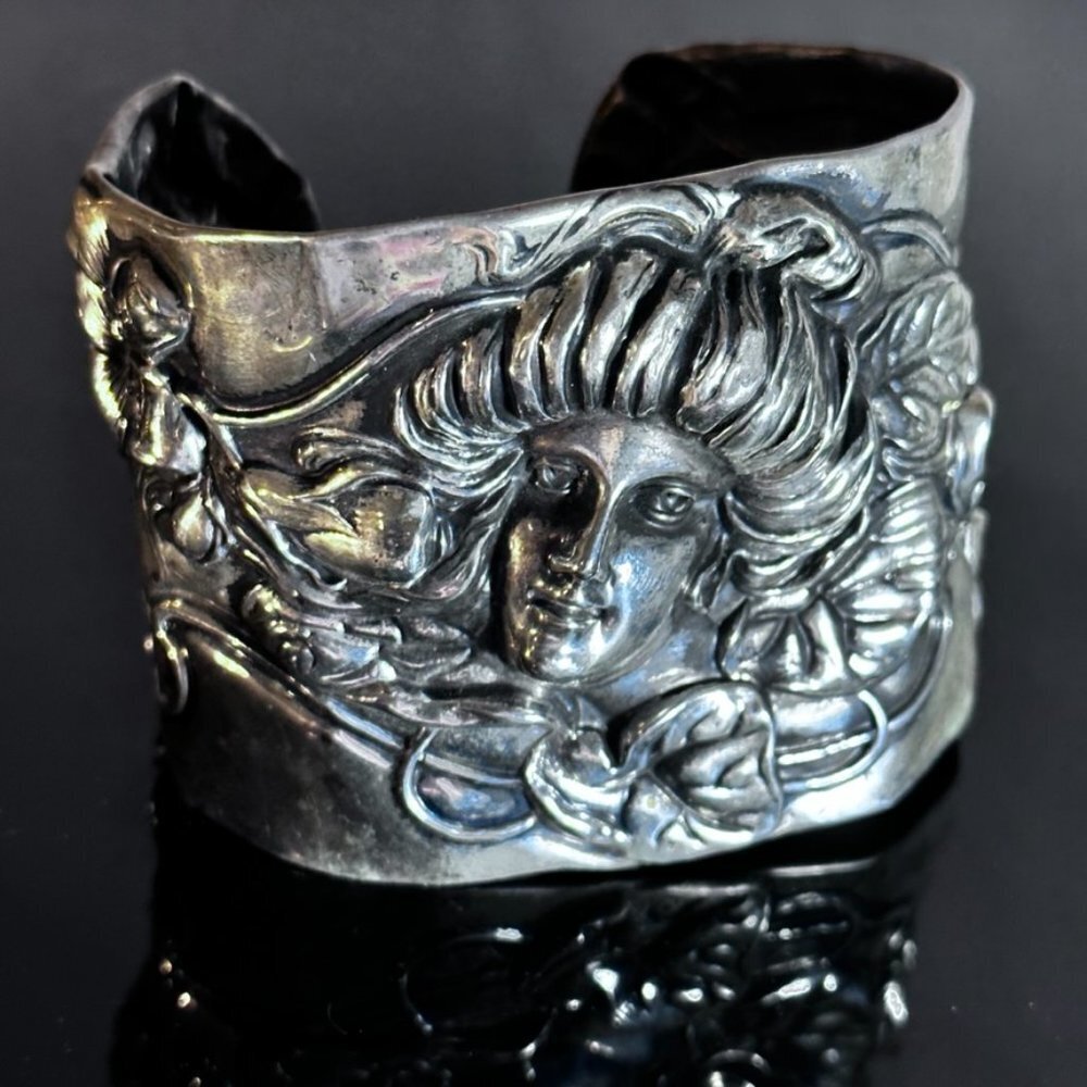 Gibson Girl Sterling Silver Art Nouveau Cuff Bracelet Victorian Antique Face 925 - Picture 6 of 7